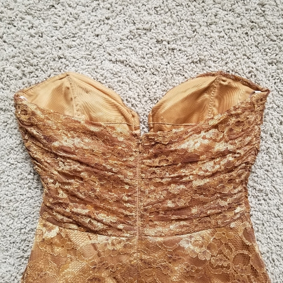 Bronze/Gold Lace Overlay Strapless Formal Gown - Picture 10 of 15
